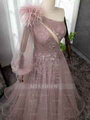 Shinning Blushing Pink One Shoulder Appliques Embroidery Formal Dress