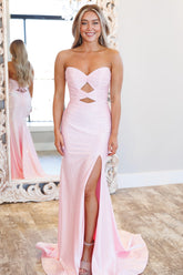 Shinning Long Pink Mermaid Strapless Prom Dress with Slit