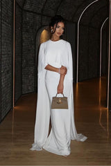 Shinning White Sleeveless Pleated Long Formal Dress With Shawl