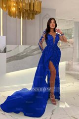 Shiny Blue Split Long Sleeves Mermaid Beaded Formal Dress Appliques Tulle