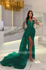 Shiny Blue Split Long Sleeves Mermaid Beaded Formal Dress Appliques Tulle