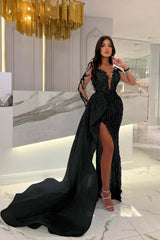 Shiny Blue Split Long Sleeves Mermaid Beaded Formal Dress Appliques Tulle