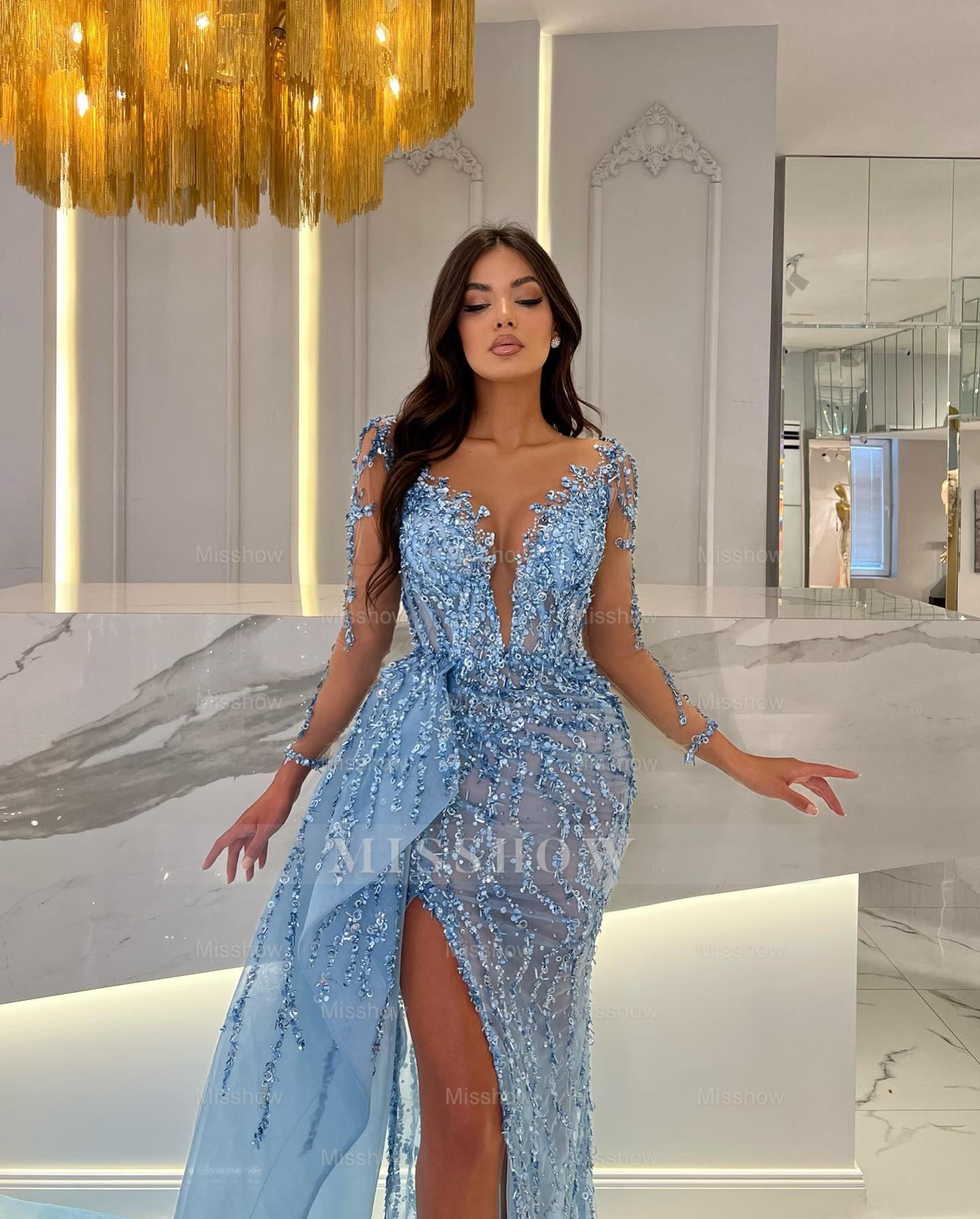 Shiny Blue Split Long Sleeves Mermaid Beaded Formal Dress Appliques Tulle