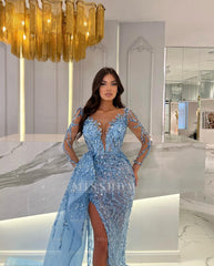 Shiny Blue Split Long Sleeves Mermaid Beaded Formal Dress Appliques Tulle