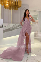 Shiny Blue Split Long Sleeves Mermaid Beaded Formal Dress Appliques Tulle