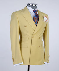 Shiny Yellow Double Breasted Peak Lapel Prom Men’s Suits