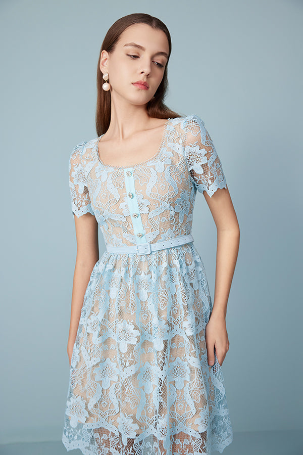 Short Blue Lace A-line Dress with Short Sleeves