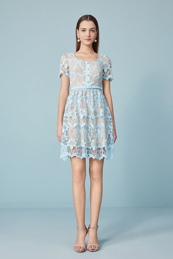 Short Blue Lace A-line Dress with Short Sleeves