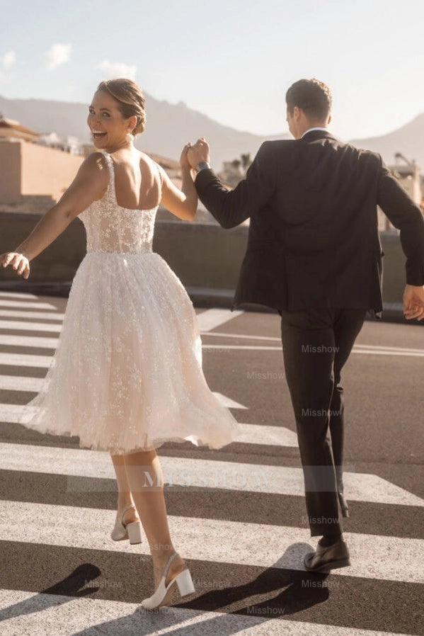 Short Ivory Square-Neck Sleeveless Ball Gown Wedding Dress with Sequins and Beadings