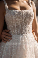 Short Ivory Square-Neck Sleeveless Ball Gown Wedding Dress with Sequins and Beadings