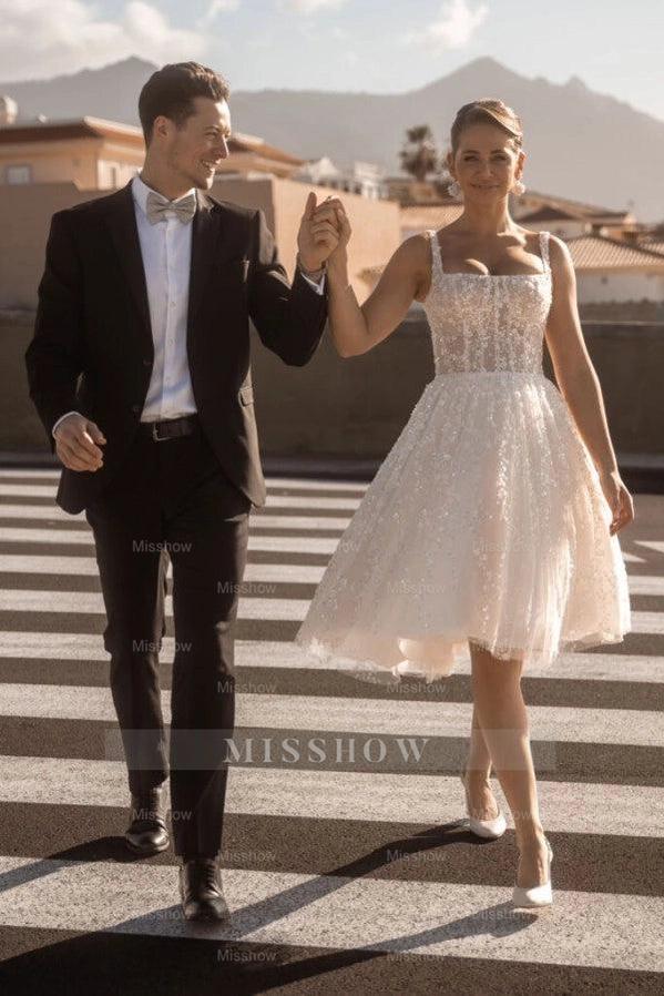 Short Ivory Square-Neck Sleeveless Ball Gown Wedding Dress with Sequins and Beadings