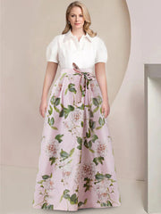 Short Sleeve Floral Printed Plus Size Mother of the Bride A-Line Dress with Bow Belt