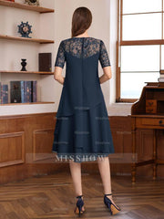 Short Sleeve Knee-Length A-Line Princess Jewel Neck Mother of the Bride & Groom Dress with Ruffles Lace Appliques and Sequins