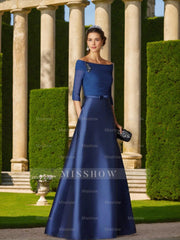 Short-Sleeve Off-the-Shoulder A-Line Mother of the Bride Dress with Belt Applique