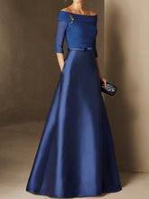 Short-Sleeve Off-the-Shoulder A-Line Mother of the Bride Dress with Belt Applique