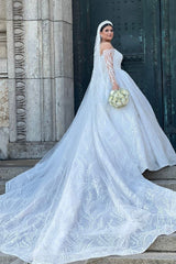 Shunning White Ball Gown Off-The-Shoulder Long Sleeves Beaded Lace Cathedral Train Wedding Dress