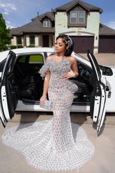 Silver Crystal Beaded Mermaid Prom Dress Off Shoulder Sweetheart 3D Floral Rhinestone Sheer Mesh Luxury Evening Gown with Cathedral Train