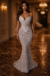 Silver Crystal Mermaid Evening Dress Strapless Sweetheart Rhinestone Beading Corset Formal Gown with Train