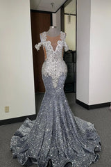 Silver Grey Ombre Mermaid Prom Dress Illusion Scoop Neck Off Shoulder Pearl Crystal Lace Applique Keyhole Open Back Sequin Cathedral Train Gown