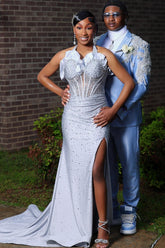 Silver Halter Prom Dress Beaded Mermaid Gown with High Slit