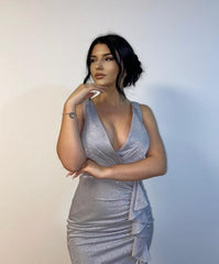 Silver Long V-neck Mermaid Ruffle Prom Evening Dresses with Glitter