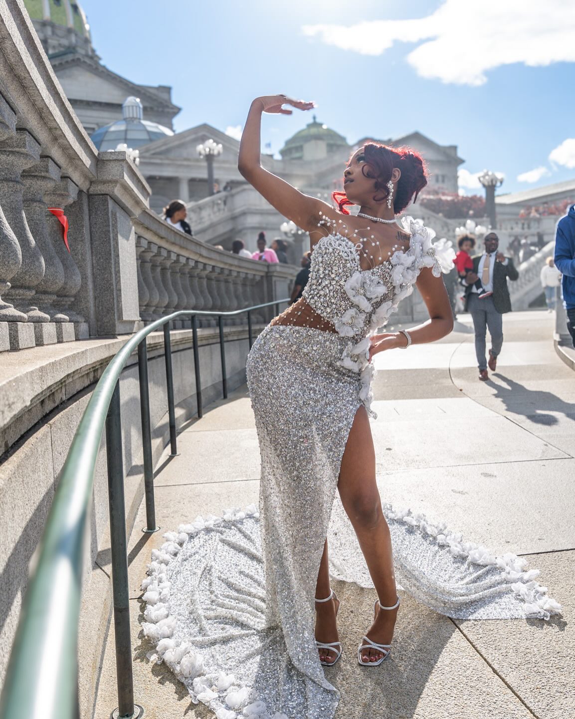 Silver Mermaid Prom Dress Deep V Sweetheart Sheer Illusion Pearl Beaded Corset One Shoulder 3D White Organza Floral Bloom Scattered Pearl Waist Cutout All-Over Sequin Rhinestone High Split Sweep Train Gown