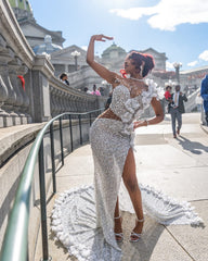 Silver Mermaid Prom Dress Deep V Sweetheart Sheer Illusion Pearl Beaded Corset One Shoulder 3D White Organza Floral Bloom Scattered Pearl Waist Cutout All-Over Sequin Rhinestone High Split Sweep Train Gown
