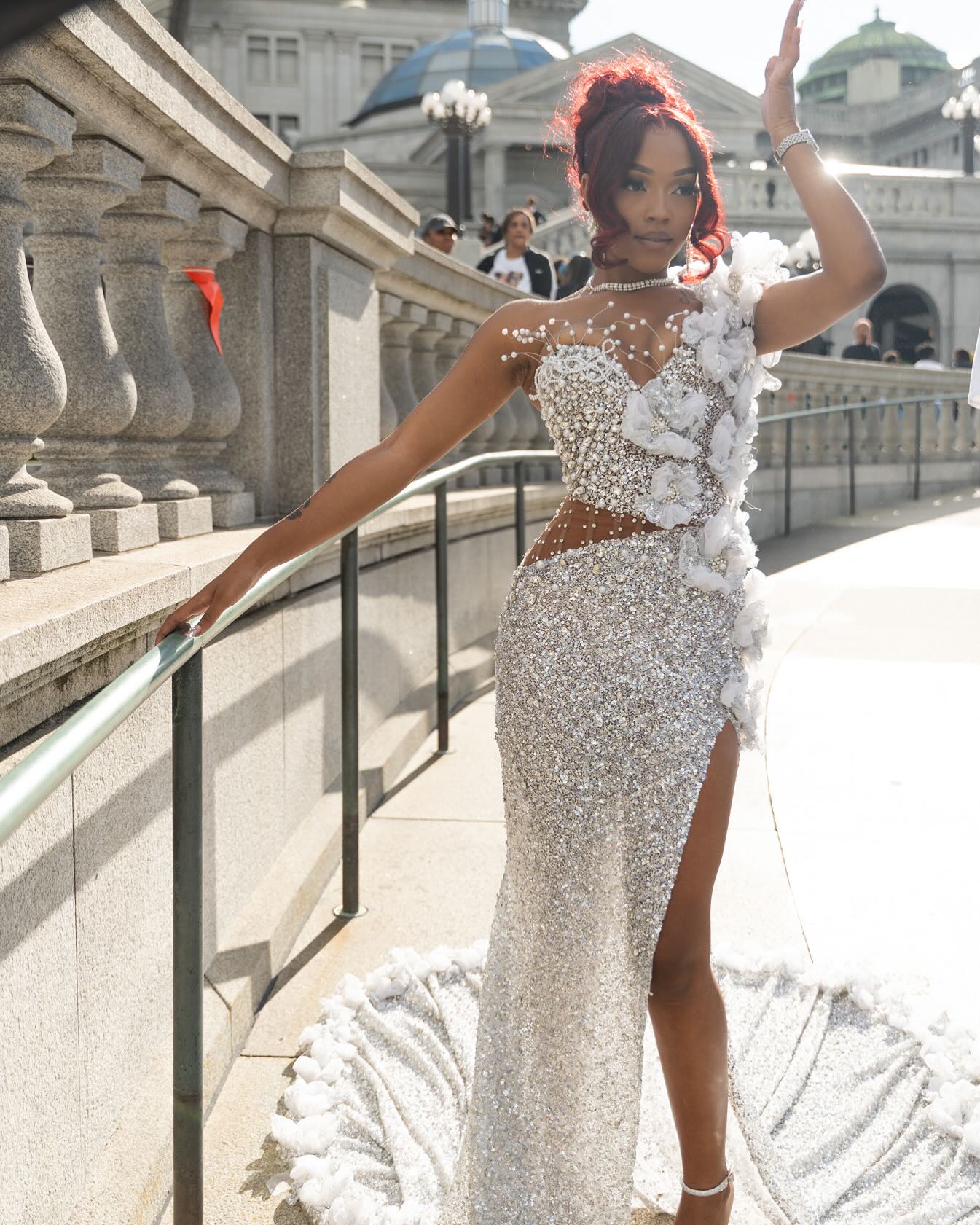 Silver Mermaid Prom Dress Deep V Sweetheart Sheer Illusion Pearl Beaded Corset One Shoulder 3D White Organza Floral Bloom Scattered Pearl Waist Cutout All-Over Sequin Rhinestone High Split Sweep Train Gown
