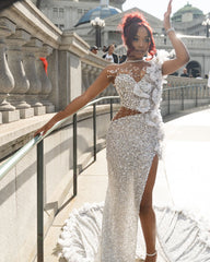 Silver Mermaid Prom Dress Deep V Sweetheart Sheer Illusion Pearl Beaded Corset One Shoulder 3D White Organza Floral Bloom Scattered Pearl Waist Cutout All-Over Sequin Rhinestone High Split Sweep Train Gown