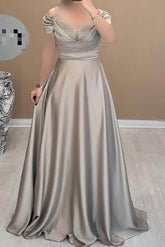 Silver Off Shoulder Beaded Sleeveless A-Line Pleated Floor Length Formal Evening Dress