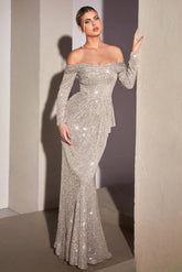 Silver Off-the-Shoulder Long Sleeve Sequined Mermaid Floor Length Formal Evening Dress
