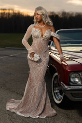 Silver One Shoulder Prom Dress Beaded Mermaid Gown with Long Sleeve
