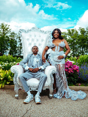 Silver Plus Size Mermaid Prom Dress Deep V Plunge Sweetheart Sheer Illusion Scattered Rhinestone Off Shoulder Short Puff Sleeve 3D Silver Leaf Petal Applique Sequin Waist Cutout High Split Sweep Train Gown