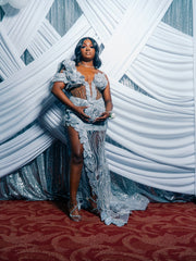 Silver Plus Size Mermaid Prom Dress Deep V Plunge Sweetheart Sheer Illusion Scattered Rhinestone Off Shoulder Short Puff Sleeve 3D Silver Leaf Petal Applique Sequin Waist Cutout High Split Sweep Train Gown
