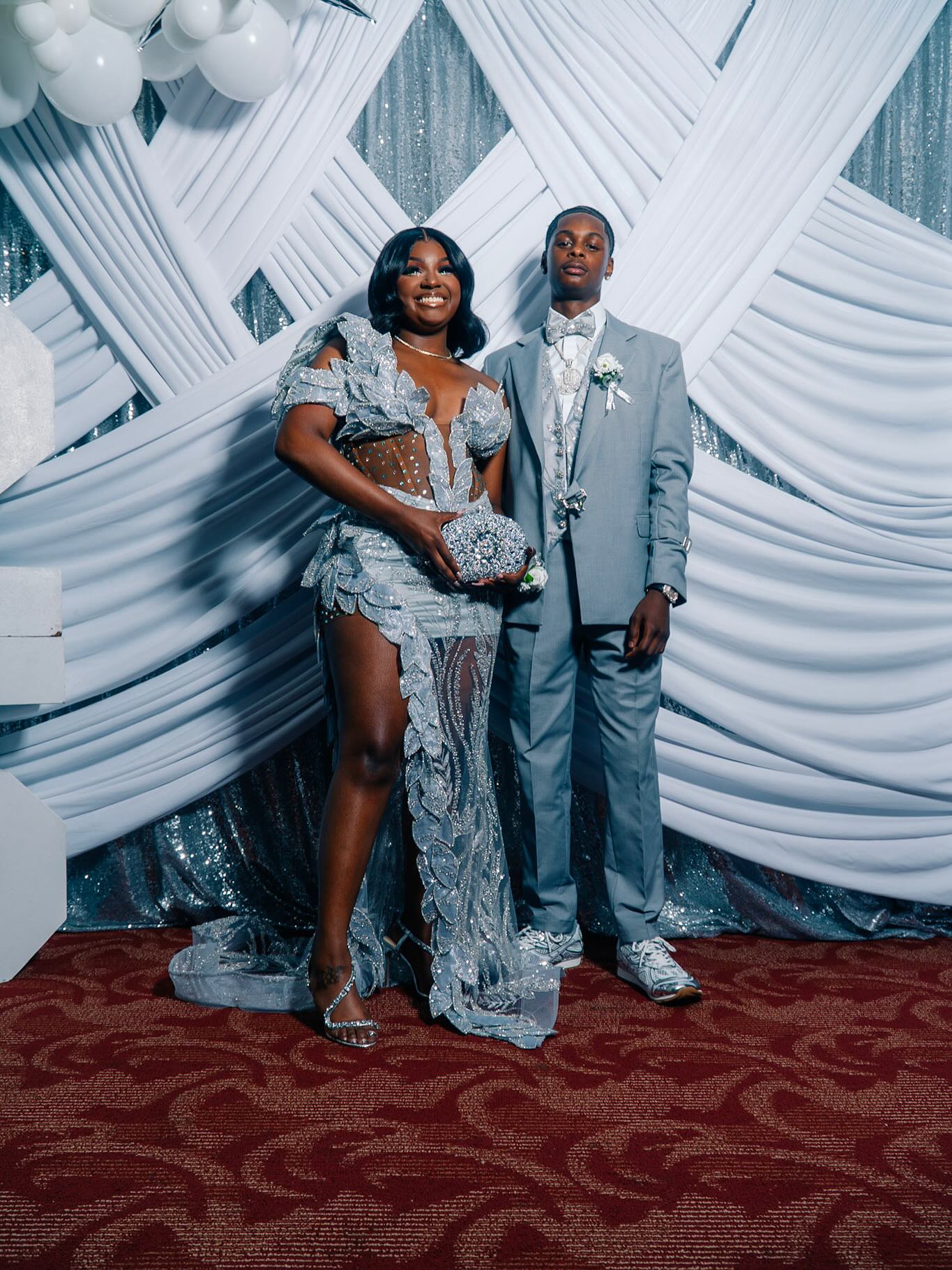 Silver Plus Size Mermaid Prom Dress Deep V Plunge Sweetheart Sheer Illusion Scattered Rhinestone Off Shoulder Short Puff Sleeve 3D Silver Leaf Petal Applique Sequin Waist Cutout High Split Sweep Train Gown