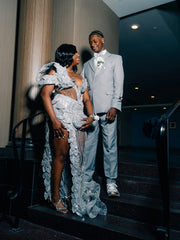 Silver Plus Size Mermaid Prom Dress Deep V Plunge Sweetheart Sheer Illusion Scattered Rhinestone Off Shoulder Short Puff Sleeve 3D Silver Leaf Petal Applique Sequin Waist Cutout High Split Sweep Train Gown