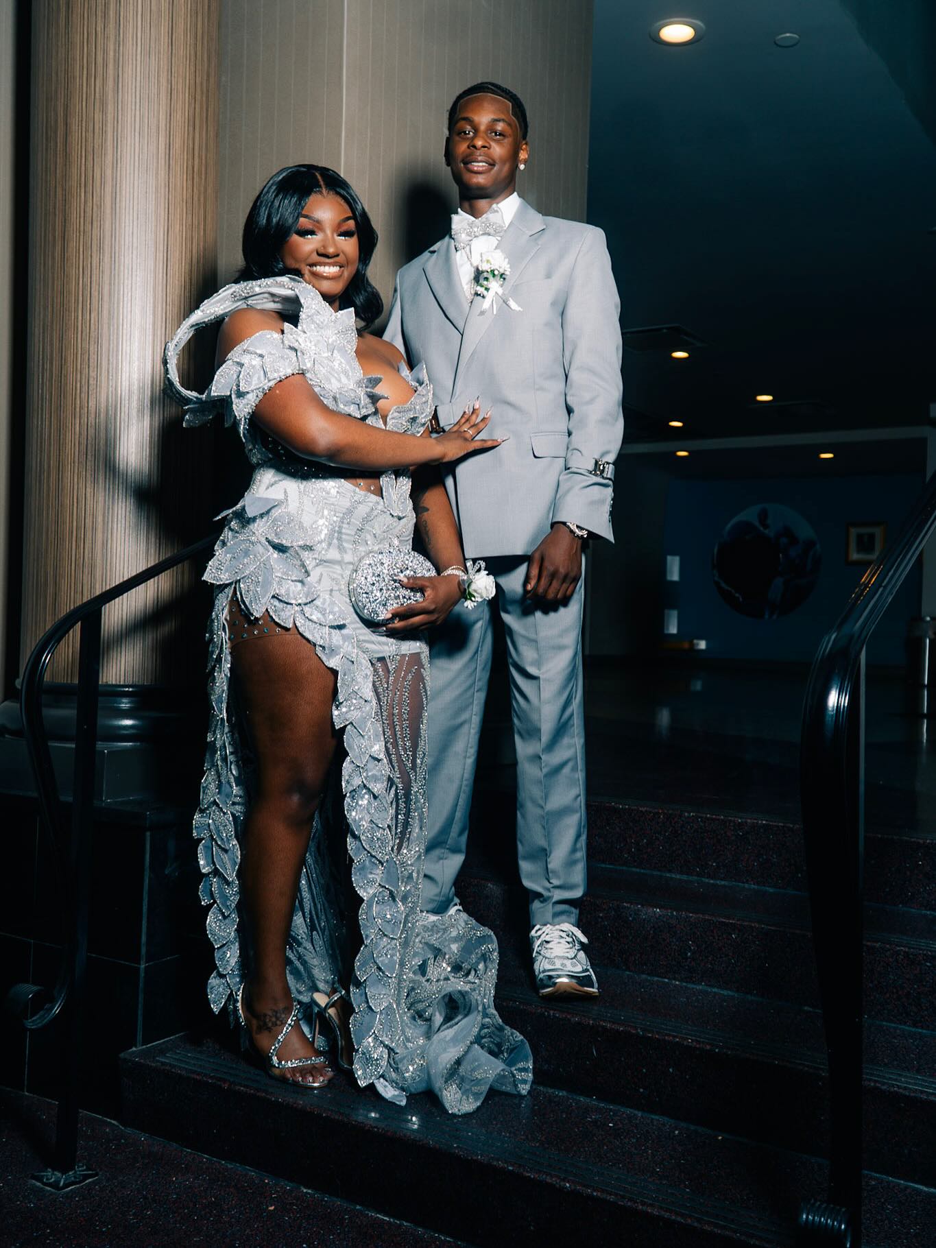 Silver Plus Size Mermaid Prom Dress Deep V Plunge Sweetheart Sheer Illusion Scattered Rhinestone Off Shoulder Short Puff Sleeve 3D Silver Leaf Petal Applique Sequin Waist Cutout High Split Sweep Train Gown