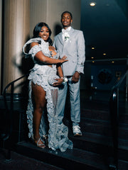 Silver Plus Size Mermaid Prom Dress Deep V Plunge Sweetheart Sheer Illusion Scattered Rhinestone Off Shoulder Short Puff Sleeve 3D Silver Leaf Petal Applique Sequin Waist Cutout High Split Sweep Train Gown