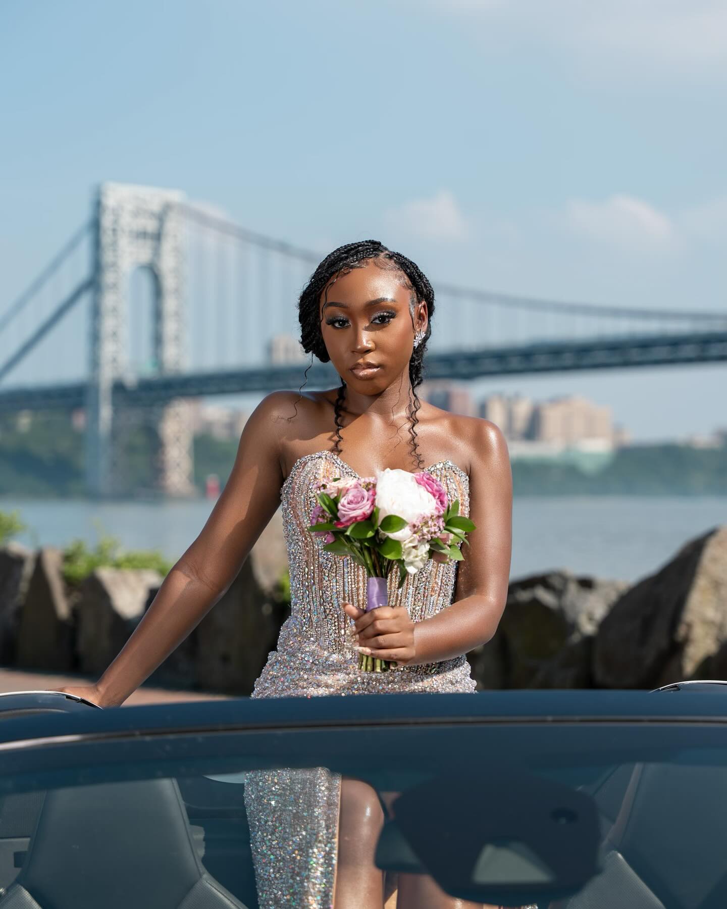 Silver Sequin Mermaid Prom Dress Halter Sweetheart Sheer Illusion Boned Corset Vertical Pearl Strand Crystal Rhinestone Beaded Bodice All-Over Sequin Rhinestone Skirt High Split Sweep Train Gown