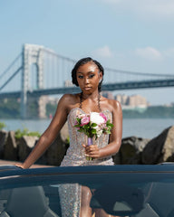 Silver Sequin Mermaid Prom Dress Halter Sweetheart Sheer Illusion Boned Corset Vertical Pearl Strand Crystal Rhinestone Beaded Bodice All-Over Sequin Rhinestone Skirt High Split Sweep Train Gown