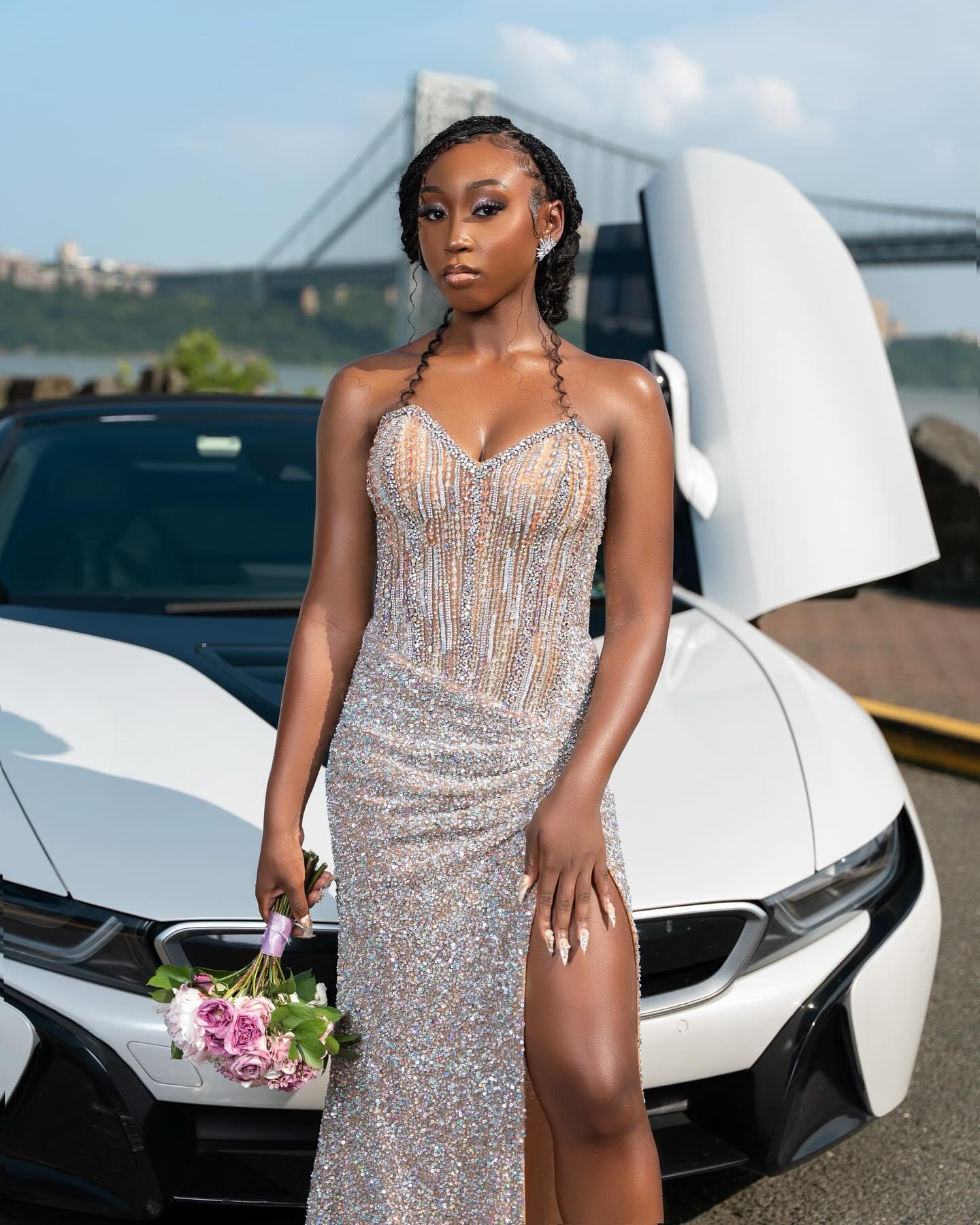 Silver Sequin Mermaid Prom Dress Halter Sweetheart Sheer Illusion Boned Corset Vertical Pearl Strand Crystal Rhinestone Beaded Bodice All-Over Sequin Rhinestone Skirt High Split Sweep Train Gown