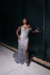 Silver Sequin Mermaid Prom Dress Strapless Sweetheart 3D Floral Beaded High Slit Evening Gown with Sweep Train