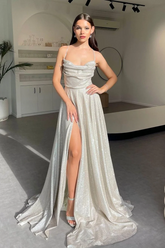 Silver Spaghetti Straps Draped Neck Sleeveless Sequined A-line Split Floor Evening Gown