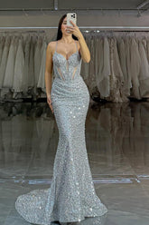 Silver spaghetti straps sequin mermaid evening dress
