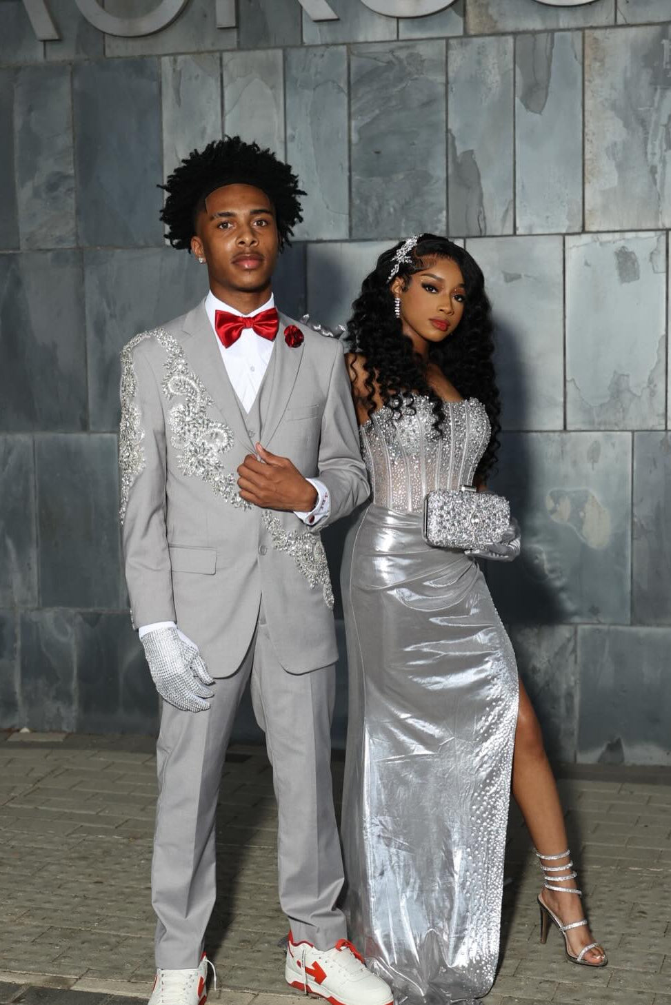 Silver Strapless Prom Dress Corset Beaded Mermaid Gown with High Slit