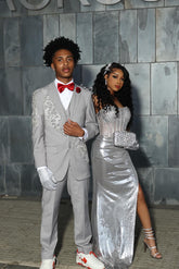 Silver Strapless Prom Dress Corset Beaded Mermaid Gown with High Slit