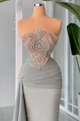 Grey strapless beaded column evening dress