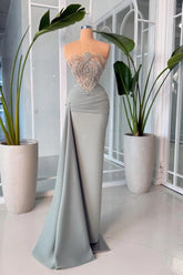 Silver Strapless Sleeveless Satin Beaded Embellished Column Floor Length Formal Gown
