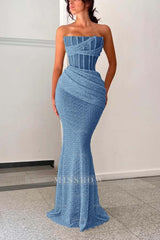 Silver Strapless Sleeveless Sequined Mermaid Ruffled Floor Length Formal Evening Gown