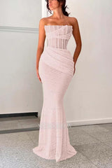 Silver Strapless Sleeveless Sequined Mermaid Ruffled Floor Length Formal Evening Gown